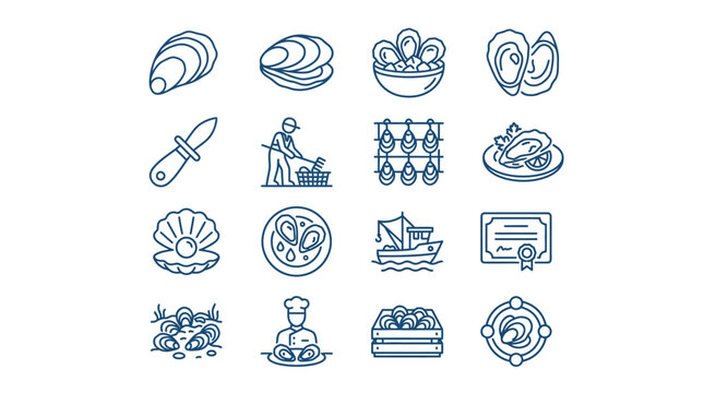 Mussel harvesting and seafood quality certification icons.