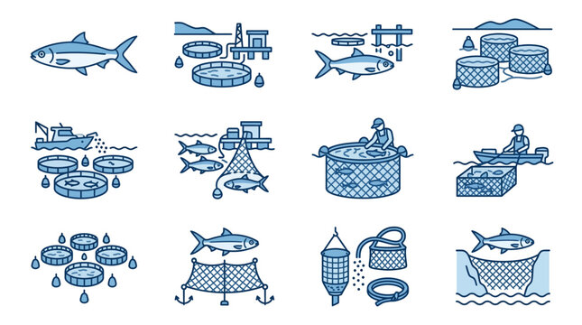 Modern fish farming and net harvesting icons.