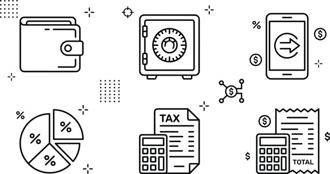 Minimalist personal finance icon set featuring line art illustrations of wallet safe mobile banking chart tax document and calculator
