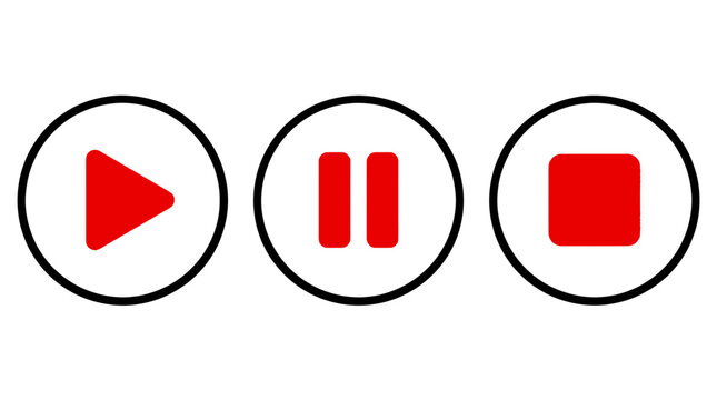 Red play pause and stop media player button icons inside black circles on white background, perfect for user interface design, multimedia applications and video player websites