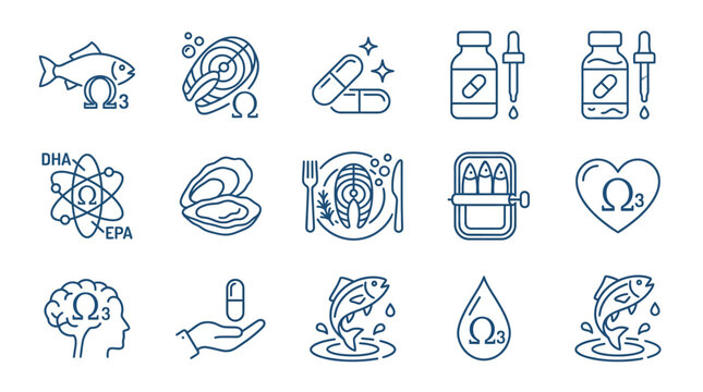 Omega 3 fish oil supplement linear icons.