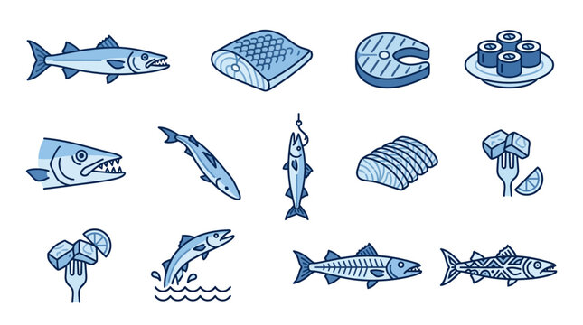 Fish processing and sushi preparation icons.