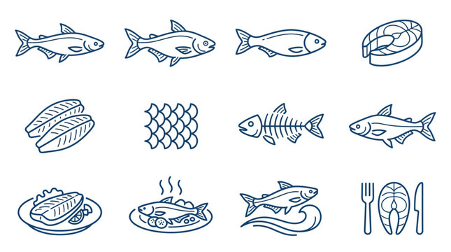 Fish processing preparation and culinary line icons.