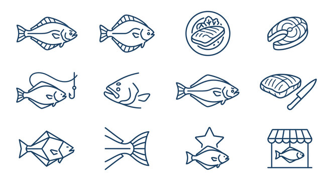 Flatfish species and seafood processing icons