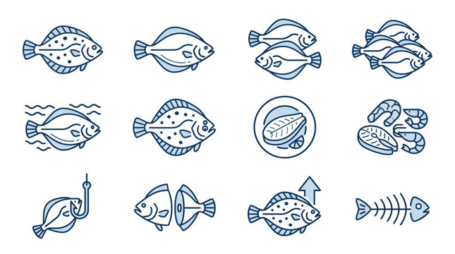 Flatfish species and seafood preparation line icons.