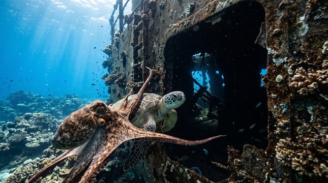 Octopus exploring underwater shipwreck in vibrant coral reef
