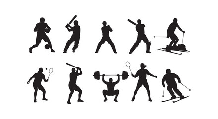 Obraz premium Set of black silhouettes showing diverse human sports activities like cricket weightlifting tennis and skiing for design.