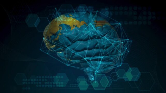 Futuristic digital brain integrated with a world map and glowing plexus network lines over hexagons.