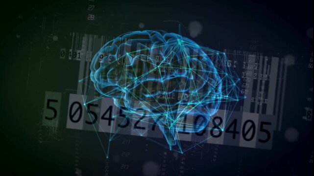 Digital 3D brain animation with glowing network nodes over abstract barcode data numbers backdrop.