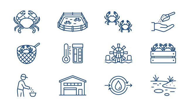 Industrial crab farming and aquaculture line icon set.