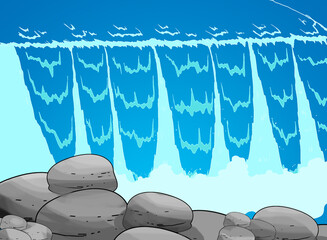 Cartoon vector illustration of a powerful blue waterfall cascading down over smooth grey rocks. Clear, stylized water flow background © dwi