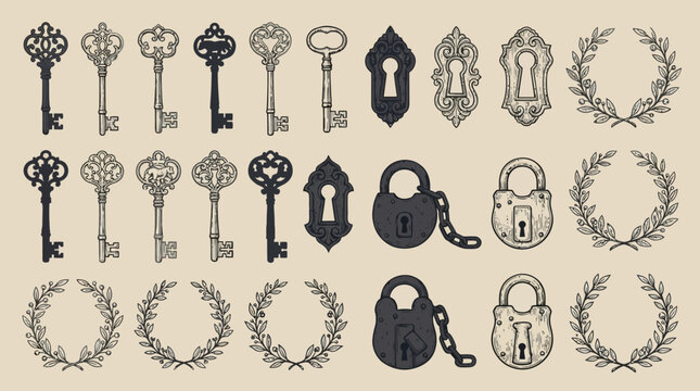 Vintage hand drawn collection of ornate antique keys, old padlocks, keyholes and decorative laurel wreaths on a beige background, perfect for logo design, vintage branding and tattoo art