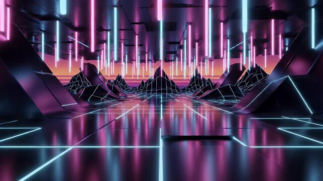 Neon Grid Landscape with Abstract Mountains and Lights - This abstract 3D render showcases a futuristic landscape with a glowing neon grid on a reflective floor, leading towards jagged mountain-like