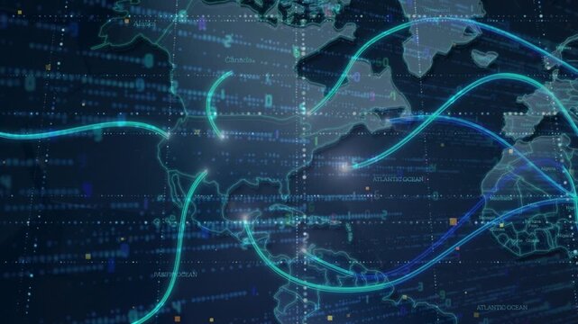 Futurist blue digital world map animation showcasing global data connections, tech networking, and big data visualization.