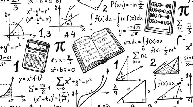 Hand drawn mathematics formulas, equations and geometry diagrams on white background, perfect for educational banners, school wallpapers and academic presentations