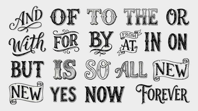 Hand-drawn vintage lettering words and catchwords set in retro sketch style on light background, perfect for graphic design, poster creation and branding projects
