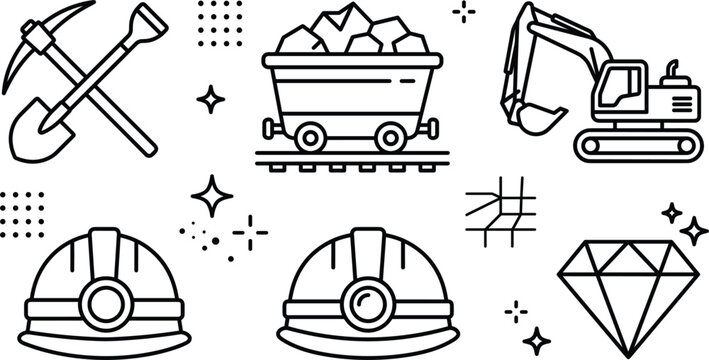 Minimalist underground mining icon set featuring line art illustrations of pickaxe shovel cart excavator helmet lamp and diamond crystal