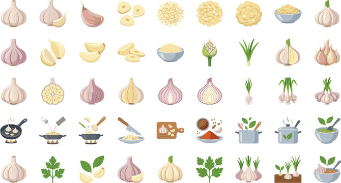 Fresh Garlic Vegetable and Cooking Ingredient Flat Icon SetFresh Garlic Vegetable and Cooking Ingredient Flat Icon Set