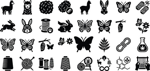 Obraz premium A collection of solid icons illustrating animal fibers, textile production processes, natural materials, and wildlife elements including llamas, rabbits, butterflies, and weaving.
