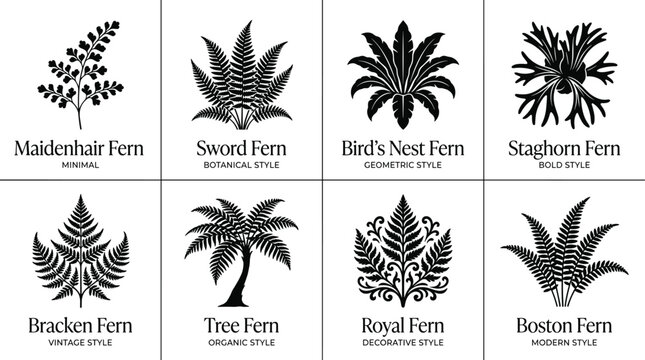 Black Fern Plant Silhouette Collection Featuring Maidenhair Sword Birds Nest Staghorn Bracken Tree Royal and Boston Fern Vector Set