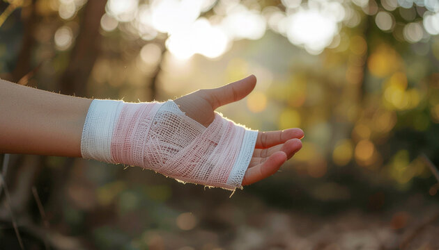 Close up of human hand wrapped in sterile gauze compression bandage, demonstrating first aid treatment for wrist sprain, skin abrasion injury management, or medical care recovery