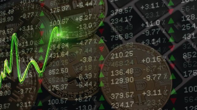 Golden Bitcoin coins on a keyboard with green trading charts and market numerical data. Concept of crypto investing.