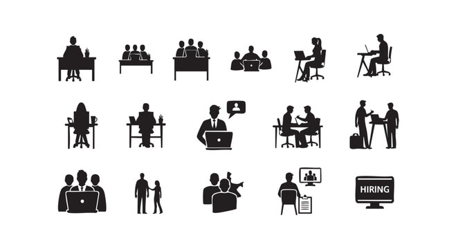 Set of modern office worker silhouettes showing computer usage meetings hiring communication and digital technology.