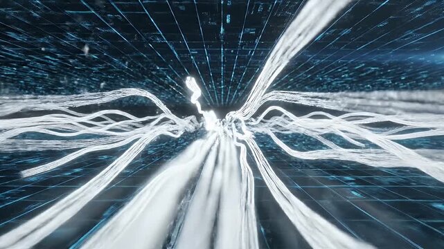 Abstract Digital Network Flow - A digital network concept with flowing white lines of light emanating from a central point within a grid-like structure.