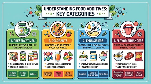 Educational infographic explaining key categories of food additives