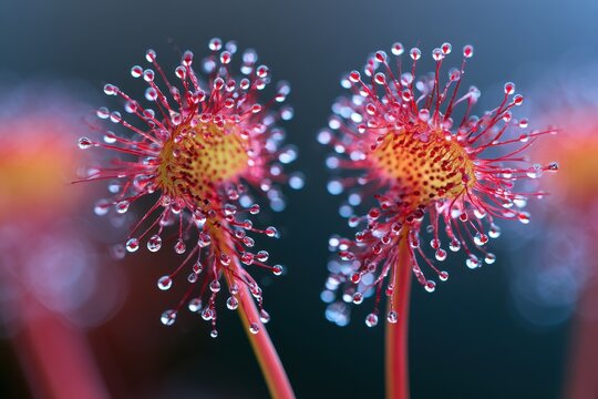Carnivorous drosera leaves displaying glistening mucilage glands in a sharp macro focus for scientific study and biological advertising
