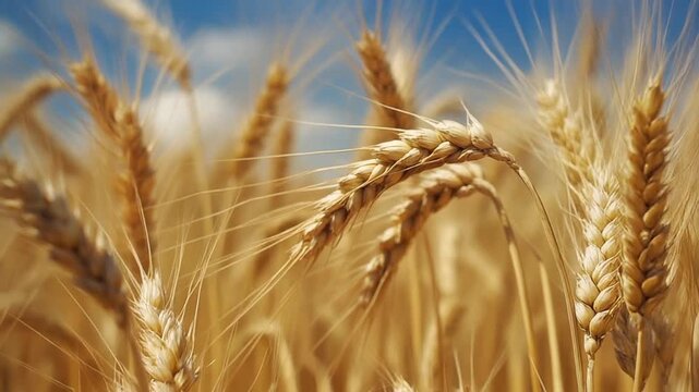 Golden wheat field with blue sky background, ripe wheat ears close-up