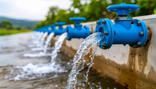 Perspective view of blue industrial cast iron gate valves discharging clean freshwater flow into a concrete aeration basin at a municipal water treatment utility plant
