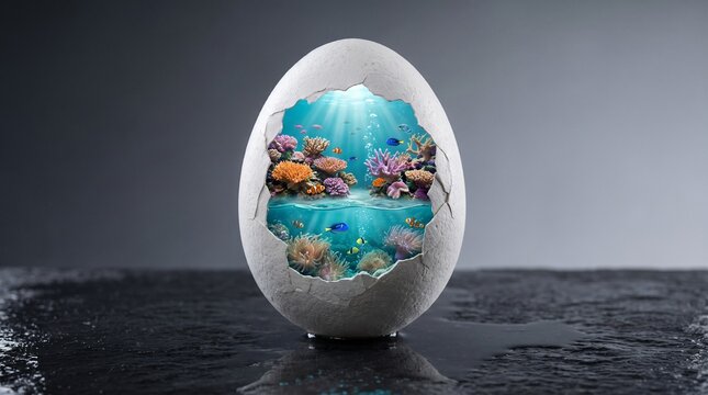 Whole cracked eggshell standing upright with compact coral reef and tropical fish visible inside, dark moody background, surreal concept, Generative AI