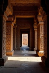 Fototapeta premium Ancient temple interior with intricate carvings, stone, interior