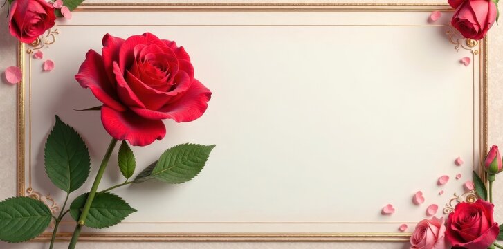 A single long-stemmed red rose in a elegant flower frame , love, flower frame