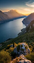 Fototapeta premium Serene Mountain Lake Landscape at Sunset with Mist and Rocky Foreground.