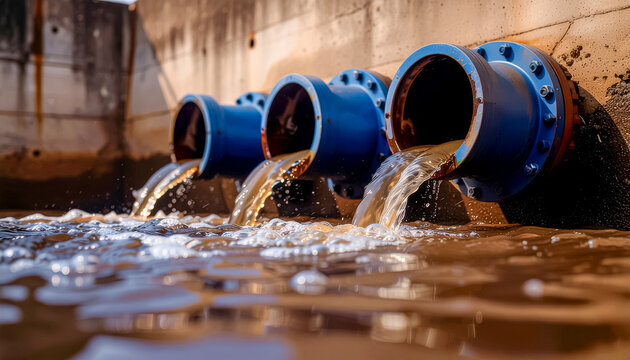 Industrial blue metallic pipes discharging dirty chemical wastewater liquid into a concrete treatment basin with floating organic foam and surface ripples
