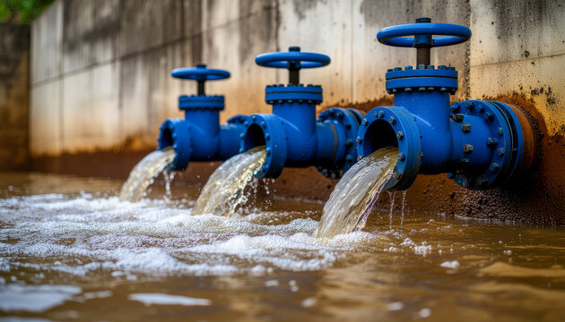 Heavy industrial blue check valves discharging untreated brown wastewater effluent flow into an open sedimentation retention pond with foam and surface ripples
