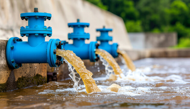 Heavy industrial blue check valves discharging untreated brown wastewater effluent flow into an open sedimentation retention pond with foam and surface ripples