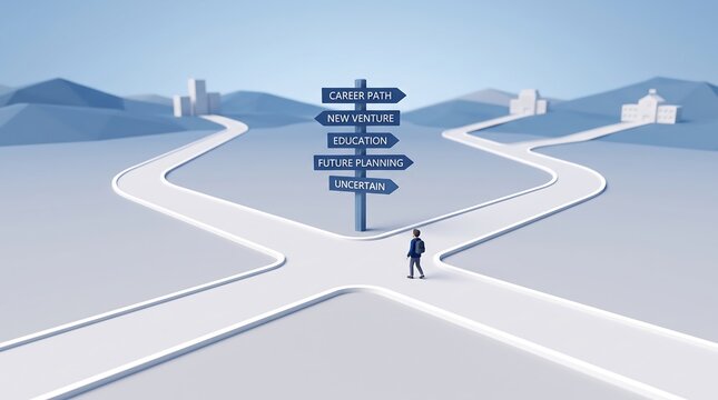 A lone figure stands at a complex crossroads, contemplating multiple life paths and future decisions indicated by a signpost pointing towards career, new ventures, and education.