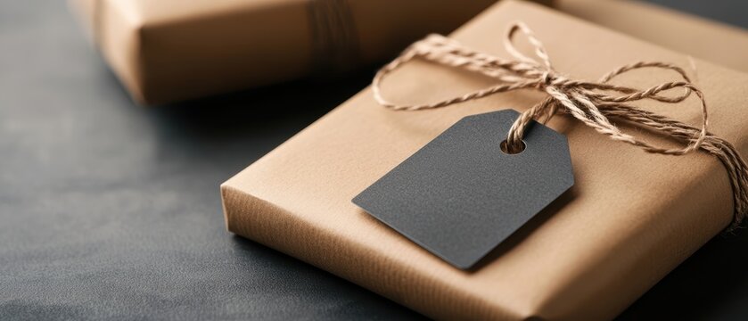 Minimalist gift box wrapped in brown paper with twine and blank black tag for personalized message
