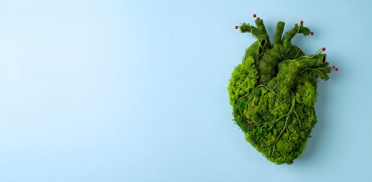 World Heart Day Concept - Green Moss Anatomical Heart with Natural Vine Veins on Blue Background for Heart Health Awareness Campaign