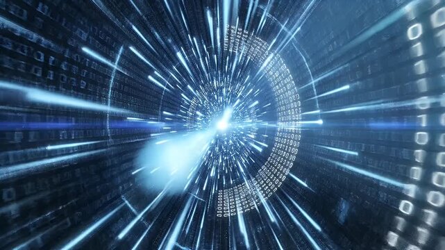 Digital Data Tunnel with Binary Code - A blue light tunnel effect emanates from a central point, surrounded by streams of white binary code.