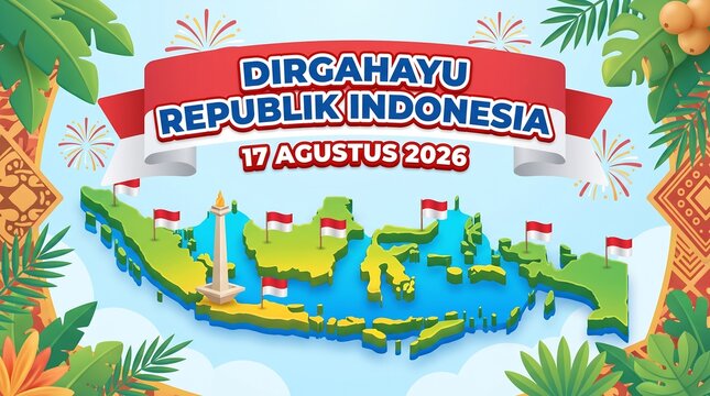 Dirgahayu Republik Indonesia Independence Day 17 August Landmark Banner 3D Illustration