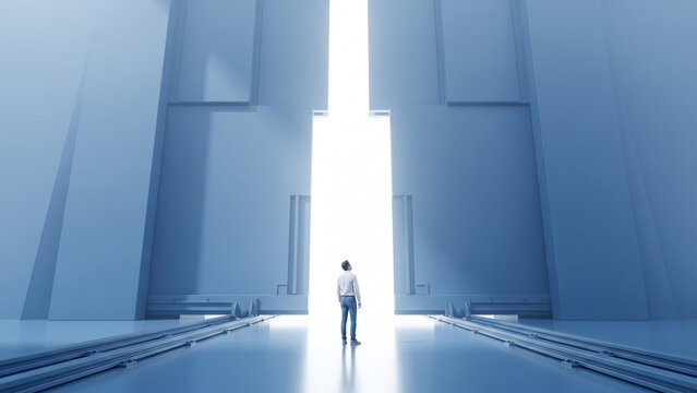 Man standing at opening leading to bright light symbol of opportunity and future