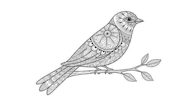 Intricate zentangle pattern bird illustration perched on a small leafy branch designed for adult coloring book.