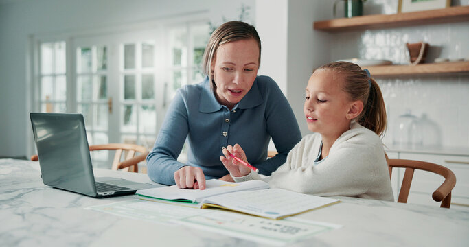 Business, homework and mother with daughter in home dining room for education, help or remote work. Freelance, learning or pointing with girl child and parent in apartment for development or study