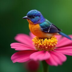 Fototapeta premium Tiny bird with iridescent feathers resting on a bright floral bloom, hummingbird, bird perched
