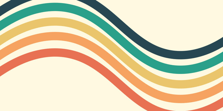 Abstract colorful 70s background vector. Vintage retro wallpaper with rainbow stripes and wavy lines. A 1970 color illustration suitable for posters, banners, decorative items and wall art.