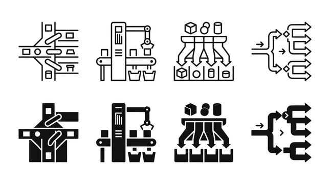 Industrial manufacturing sorting and distribution flowchart icon set with manufacturing logistics automation conveyor